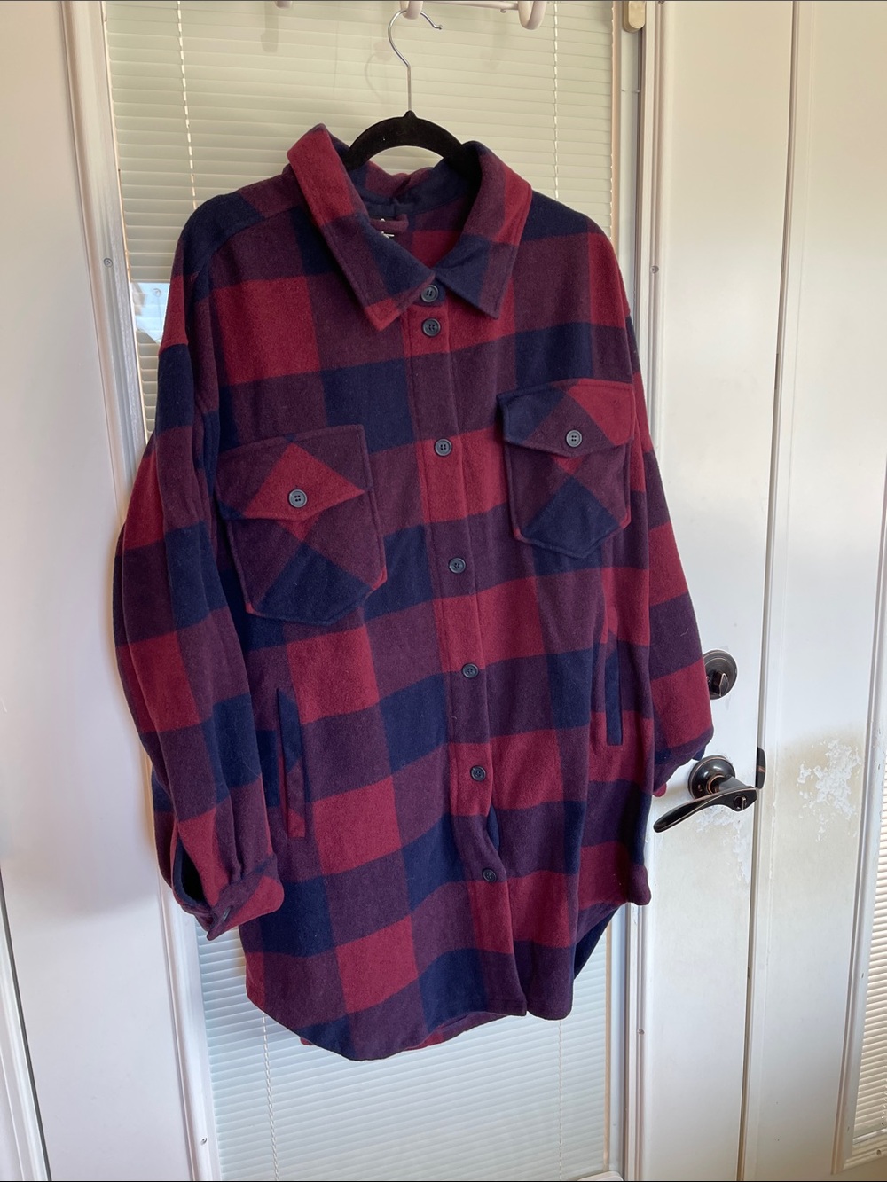Plaid Button-Up Shacket Jacket - Red & Navy
